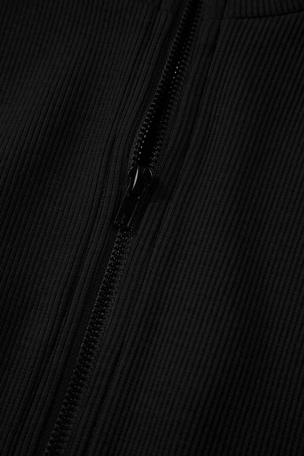 Black Terry Zipped Collar Sleeveless Drawstring Waist Mini Dress