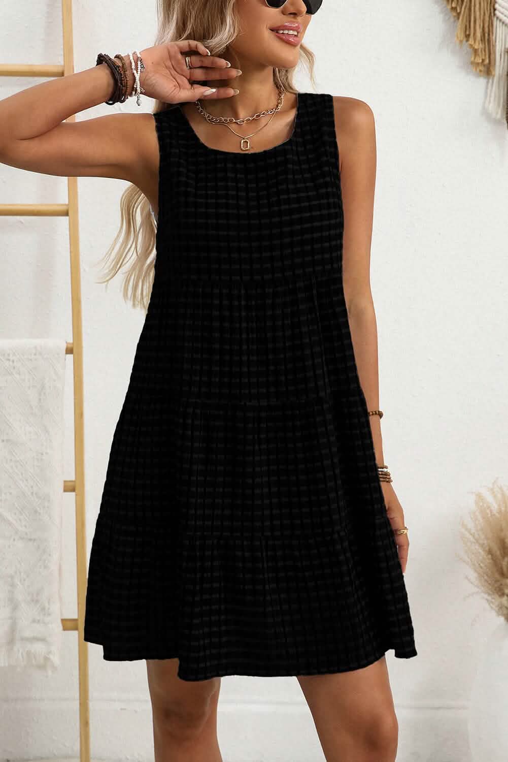 Black Gingham High Waist Sleeveless Mini Dress