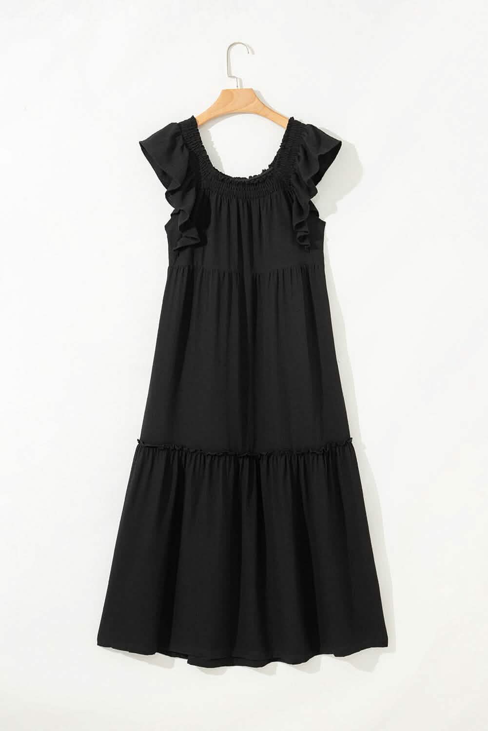 Black Ruffled Flutter Sleeve Square Neck Textured Tiered Maxi Dress