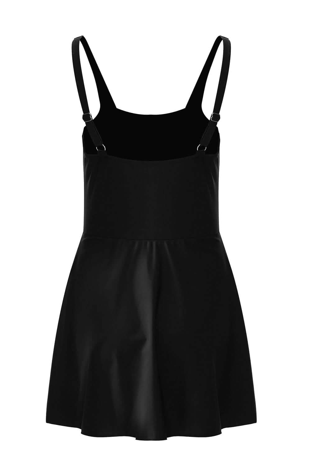 Black Side Tied Waist Square Neck Adjustable Straps A Line One Piece Swim Dress