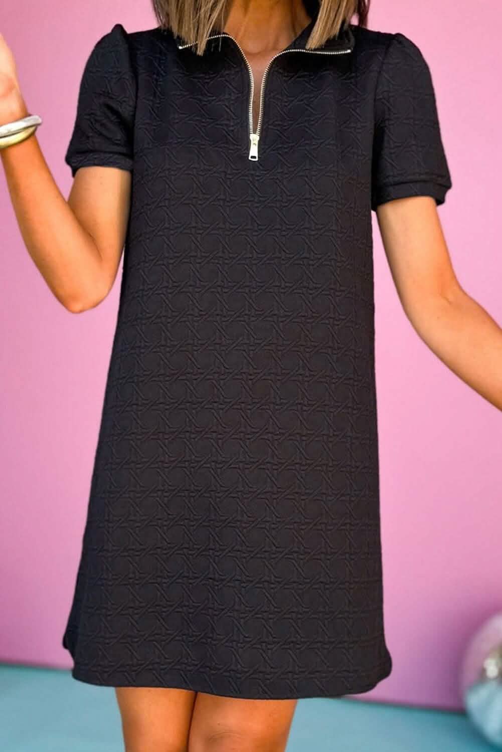 Black Textured Zipped Collar Shift Polo T Shirt Dress