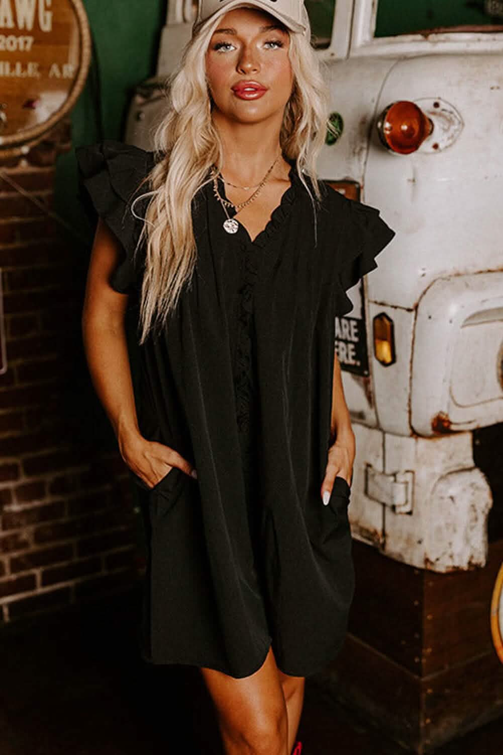 Black Frilled V Neck Pleated Ruffled Sleeve Mini Dress