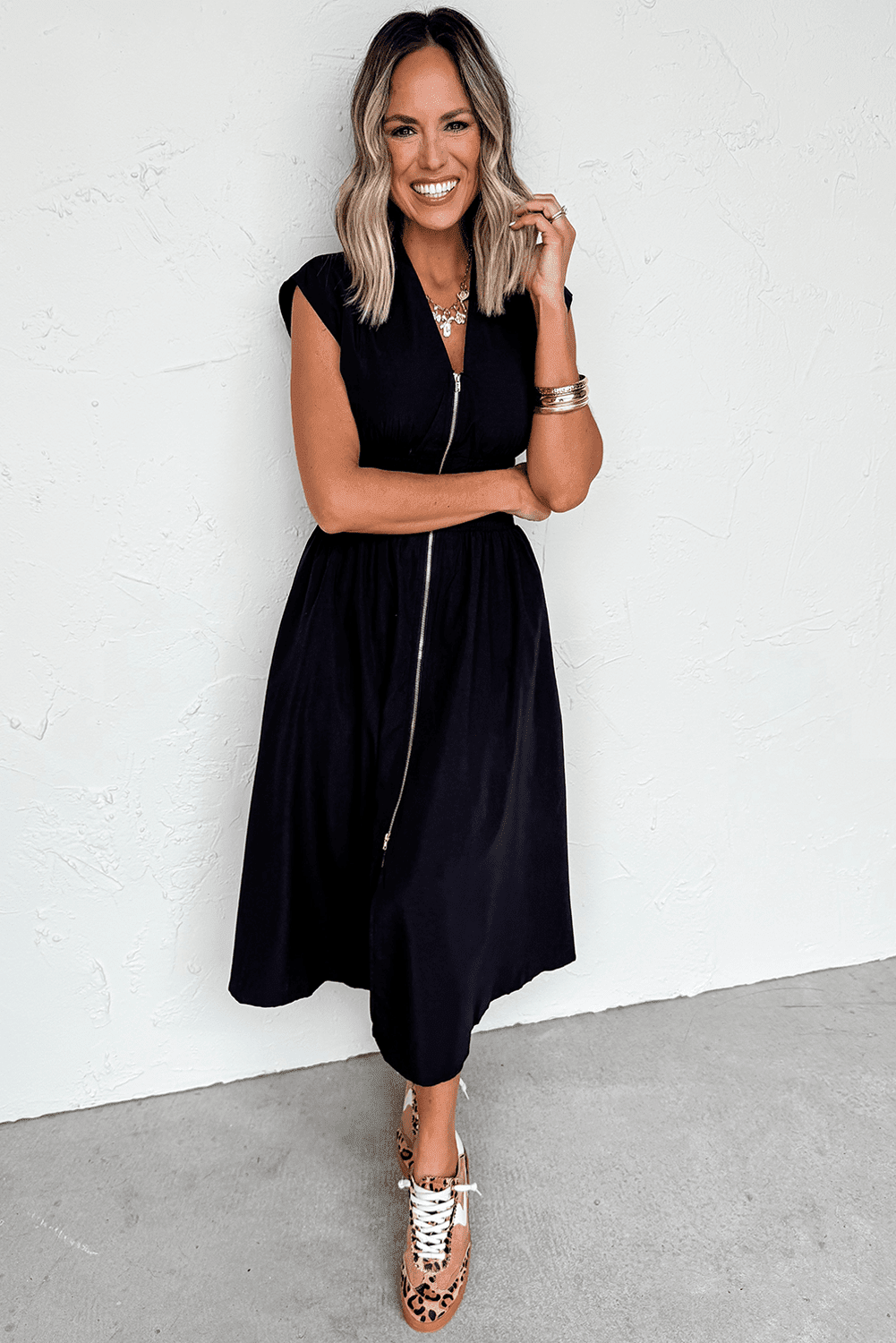 Black Sleeveless Zipped Front V Neck Shirred Waist Midi Dress