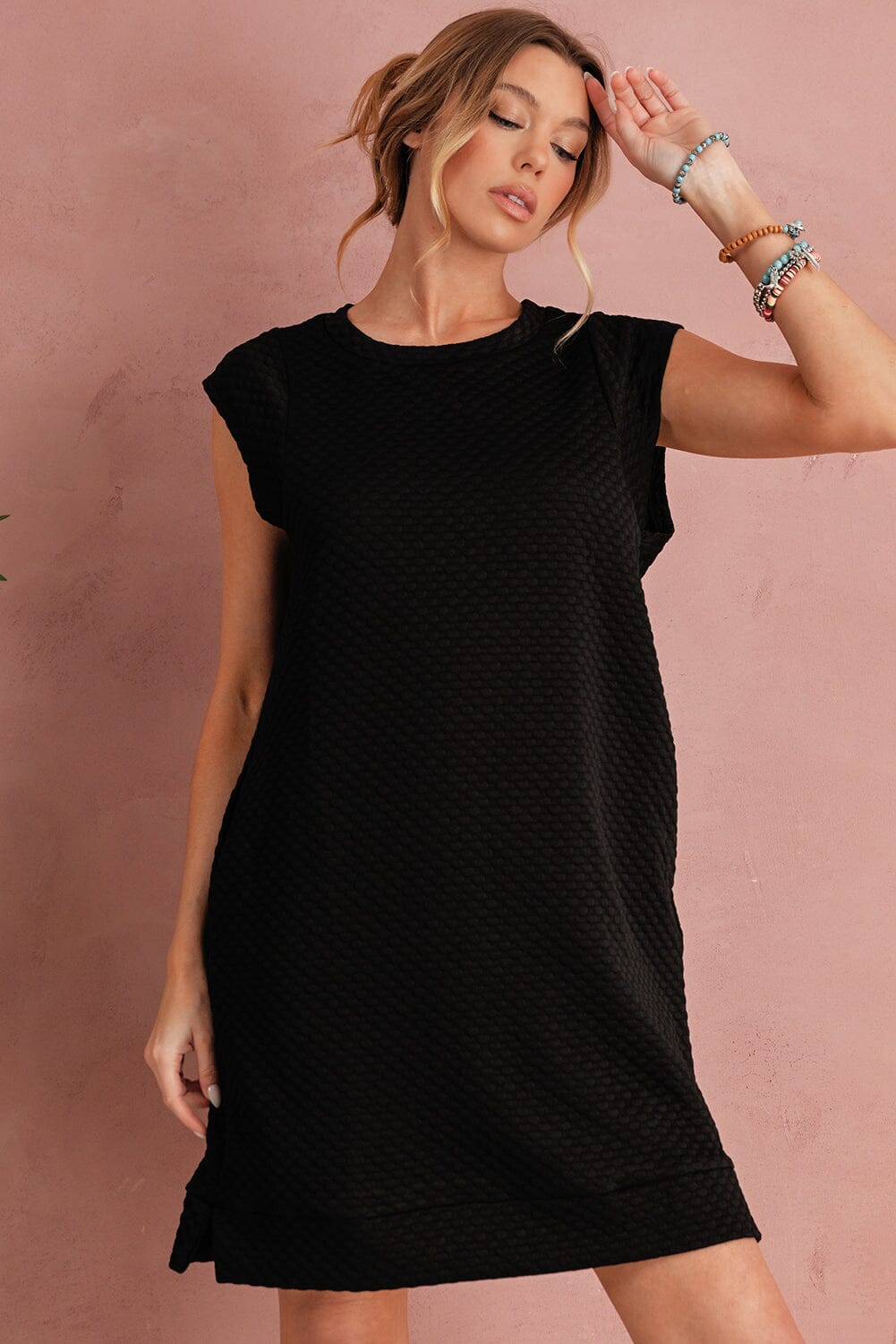 Black Textured Cap Sleeve T Shirt Shift Mini Dress