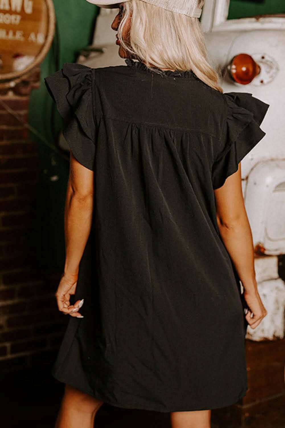 Black Frilled V Neck Pleated Ruffled Sleeve Mini Dress