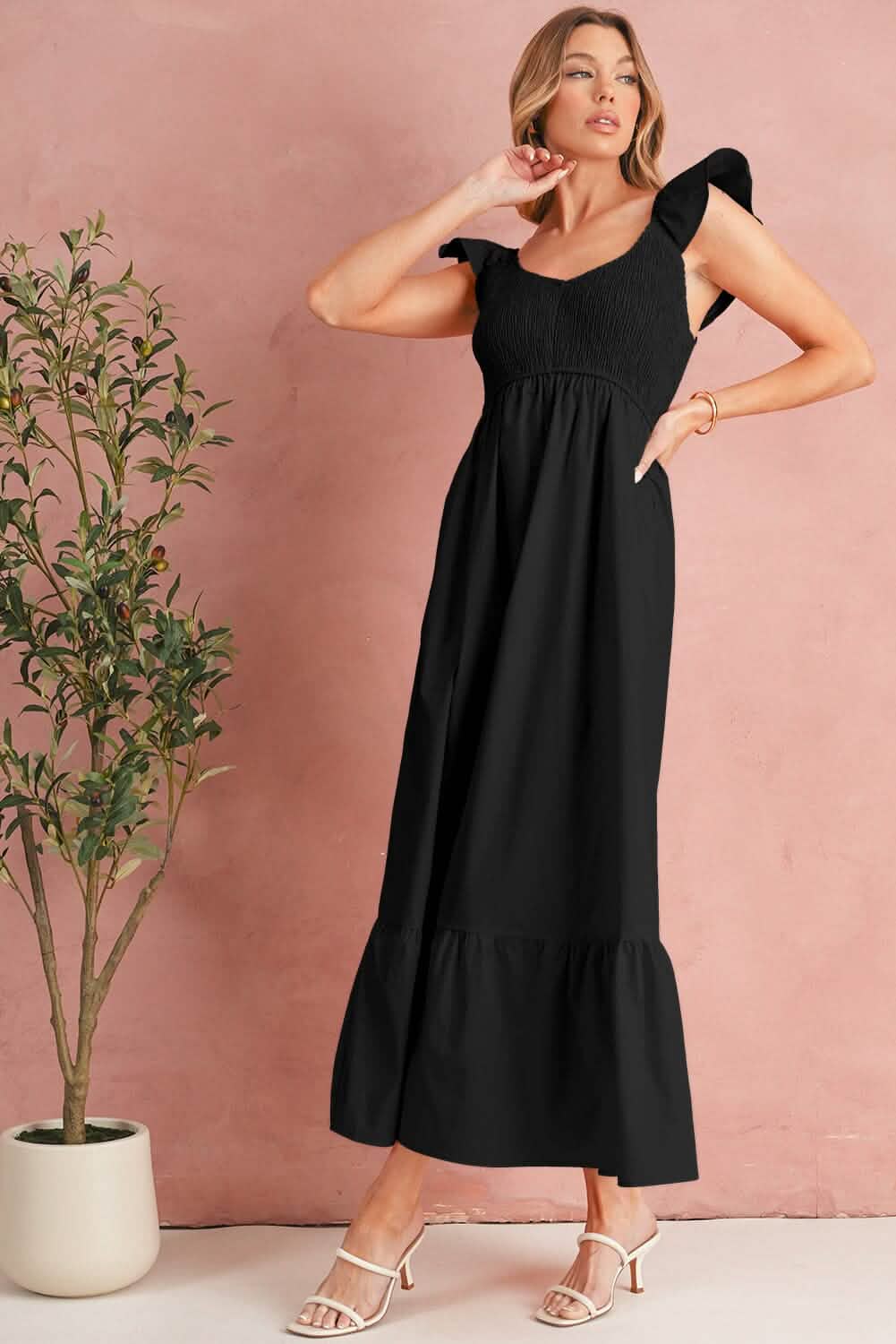 Black V Neck Flutter Sleeve Smocked Bodice High Waist Ruffle Maxi Dress