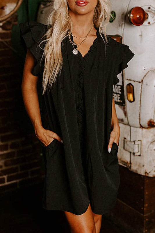 Black Frilled V Neck Pleated Ruffled Sleeve Mini Dress