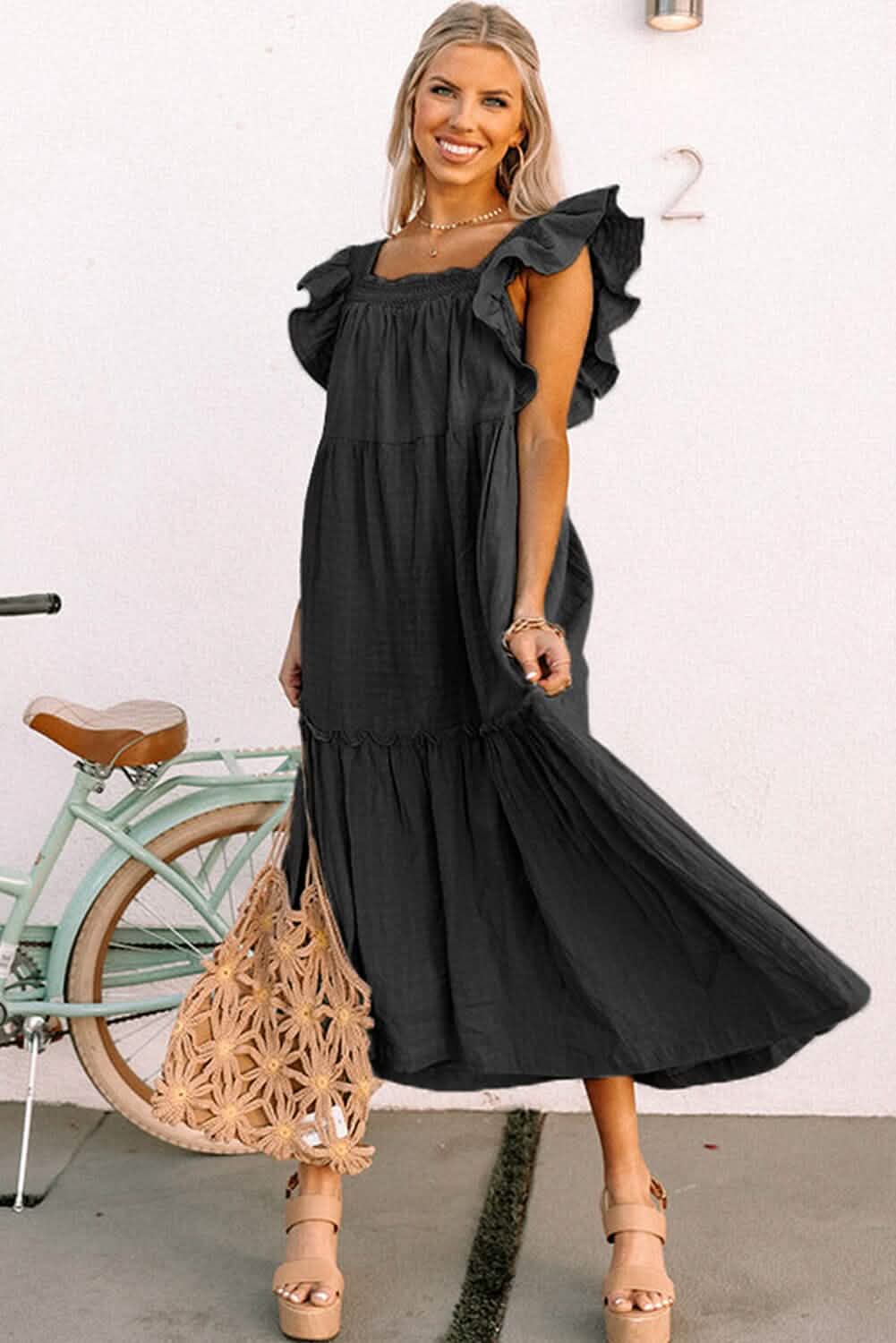 Black Ruffled Flutter Sleeve Square Neck Textured Tiered Maxi Dress