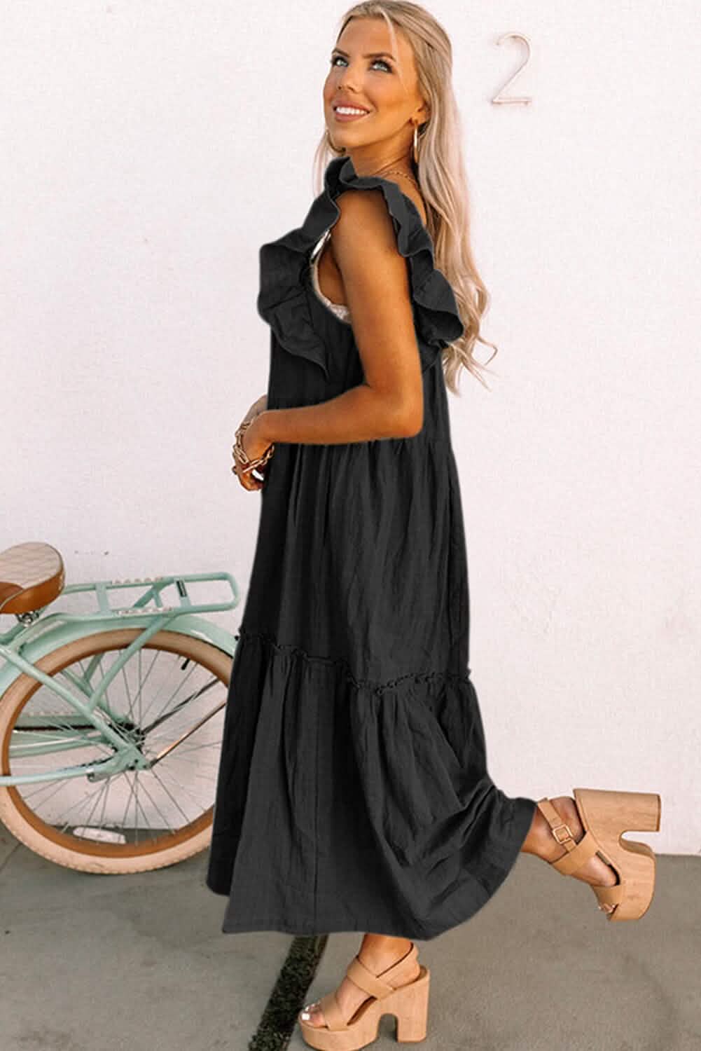 Black Ruffled Flutter Sleeve Square Neck Textured Tiered Maxi Dress
