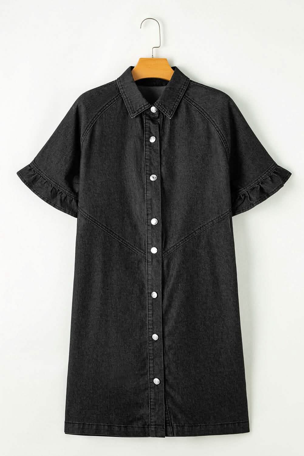 Black Short Sleeve Button Up Loose Denim Shirt Dress