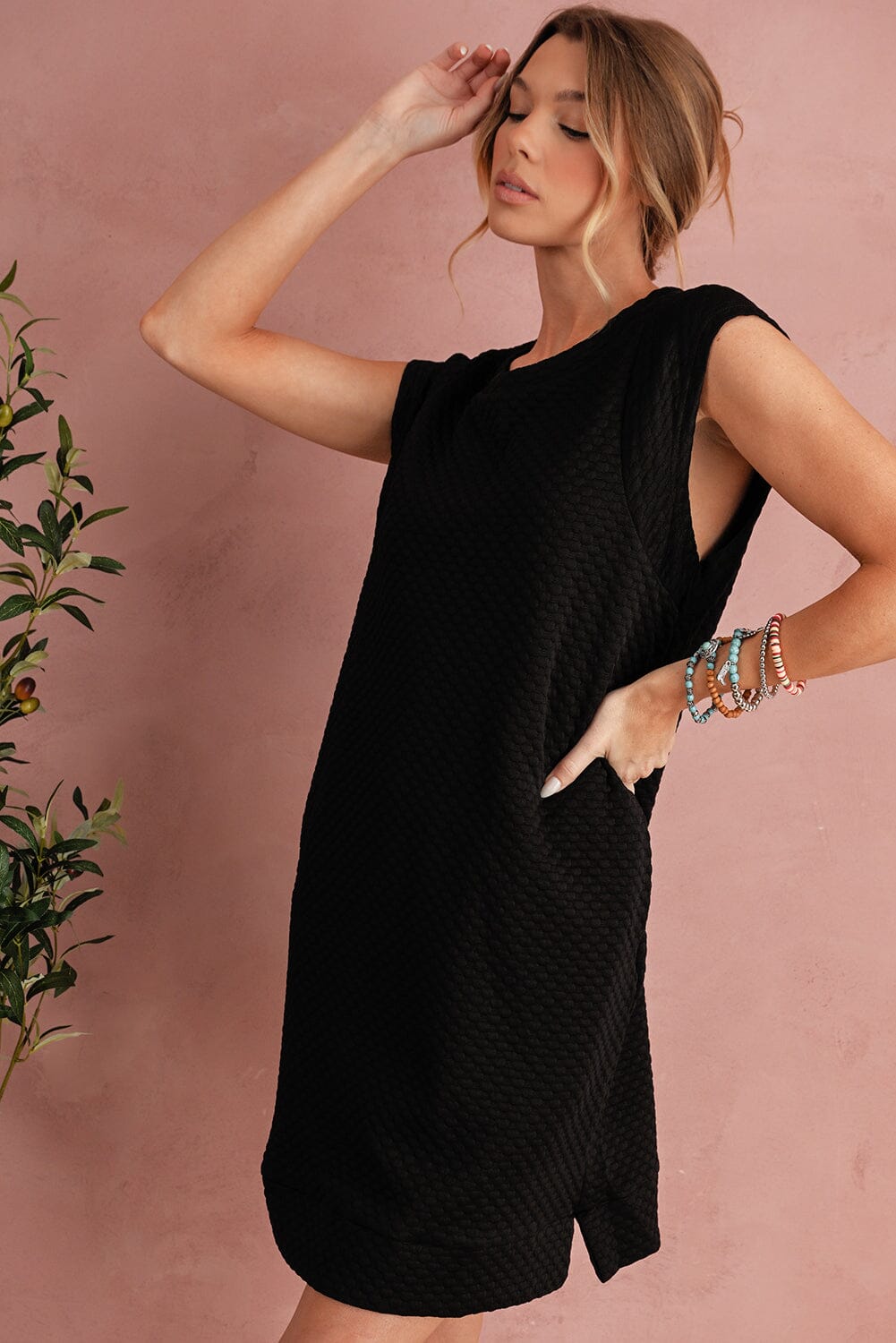 Black Textured Cap Sleeve T Shirt Shift Mini Dress