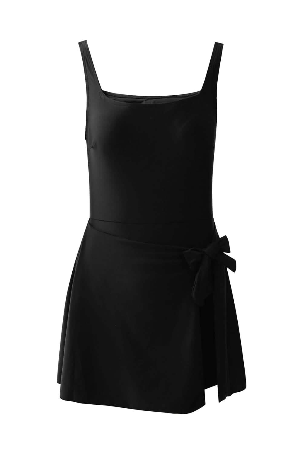 Black Side Tied Waist Square Neck Adjustable Straps A Line One Piece Swim Dress