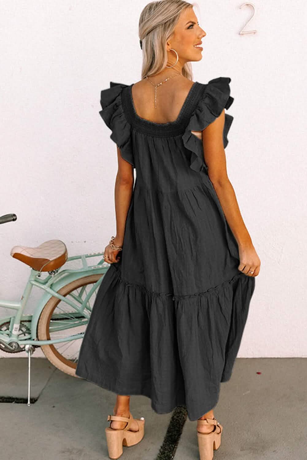 Black Ruffled Flutter Sleeve Square Neck Textured Tiered Maxi Dress